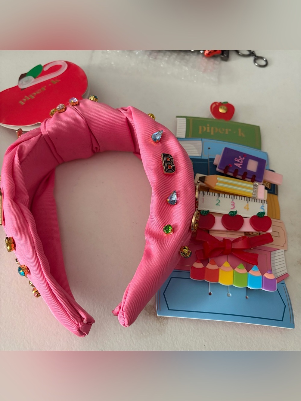 Piper K Jeweled Headband with Set of 6 School Themed Hair Clips